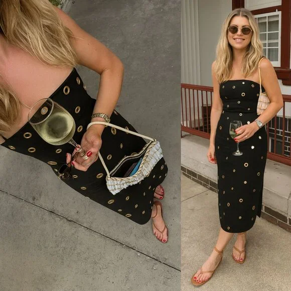 Alexis Malia Midi Dress Black Mirrored Grommet Curved Size S NWT‎ - Picture 2 of 11